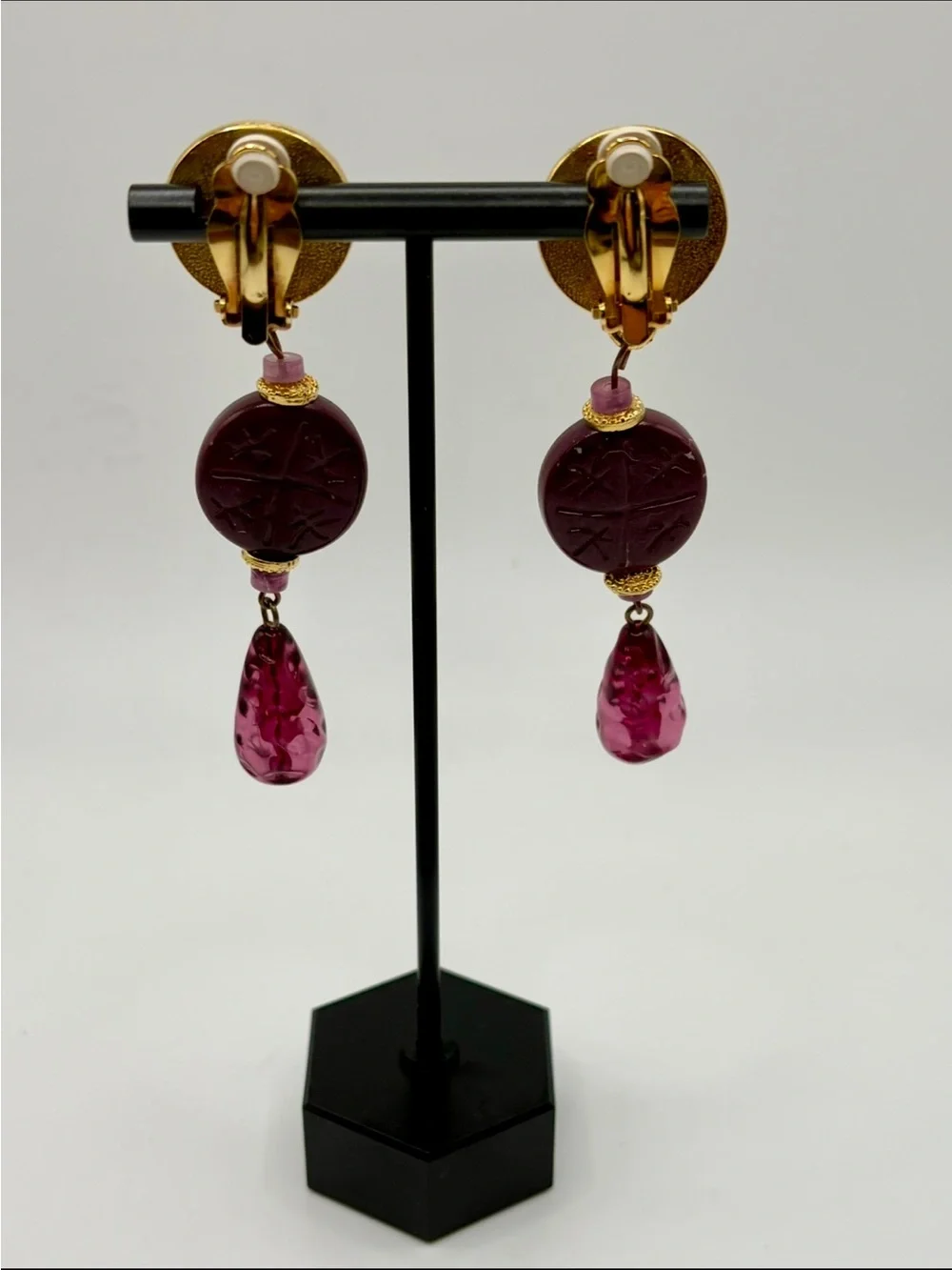 Vintage Artisan Clip On Dangle Earrings Burgundy Plum Glass Gold Tone 3.25”